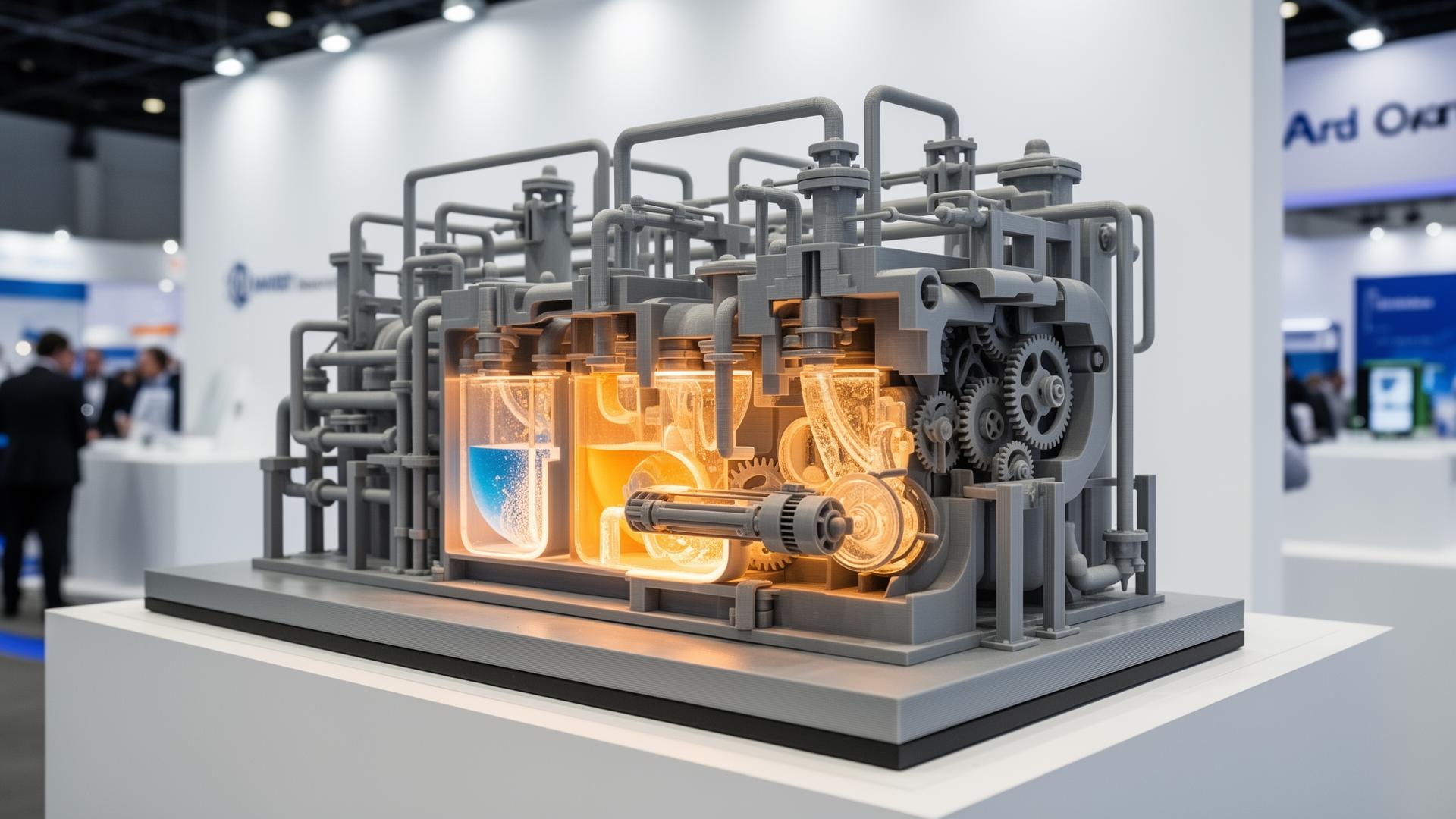 Mechanical scale model with cross-section, LED lighting, and moving parts on a trade show display