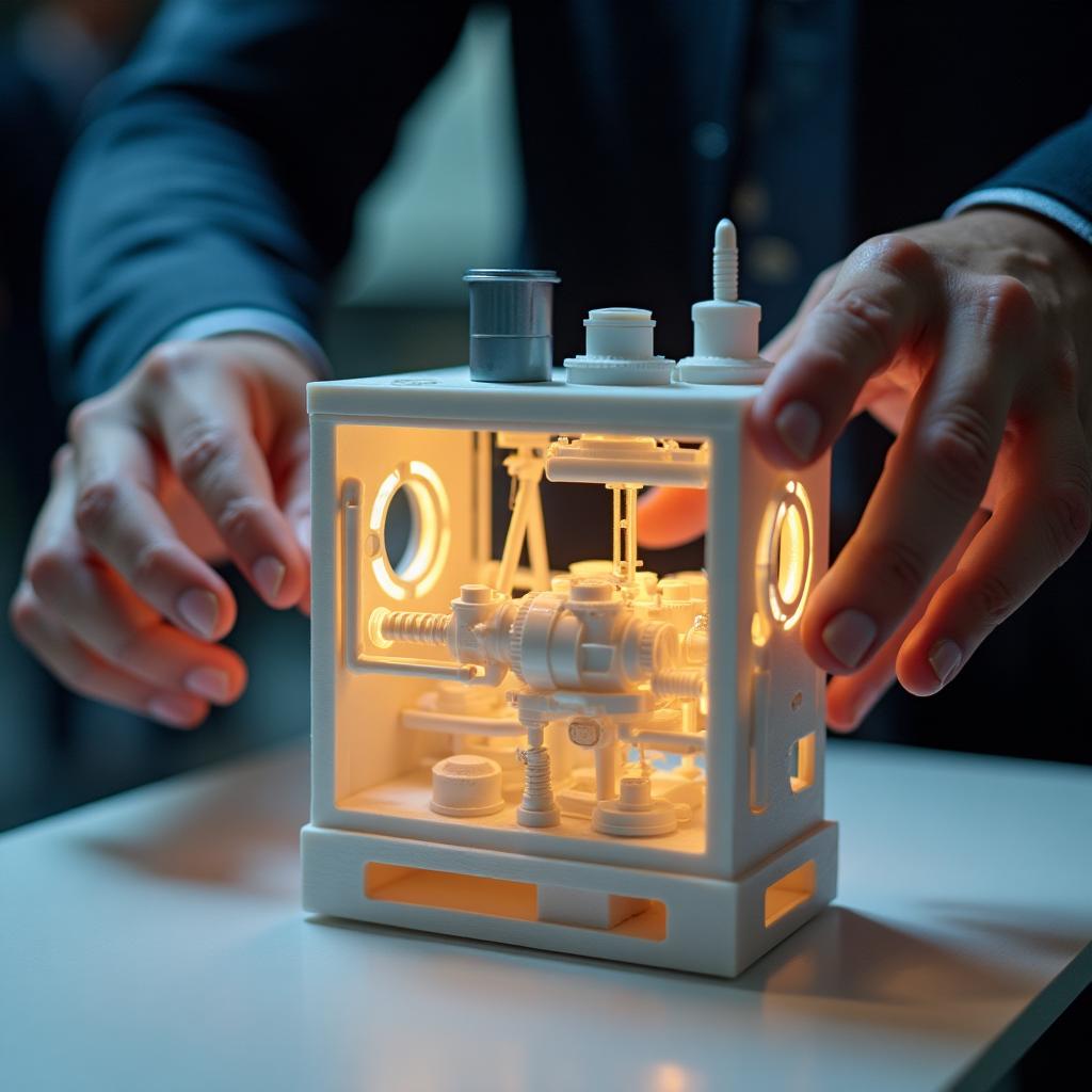 Hands interacting with a mechanical scale model featuring LED lighting and visible internal components