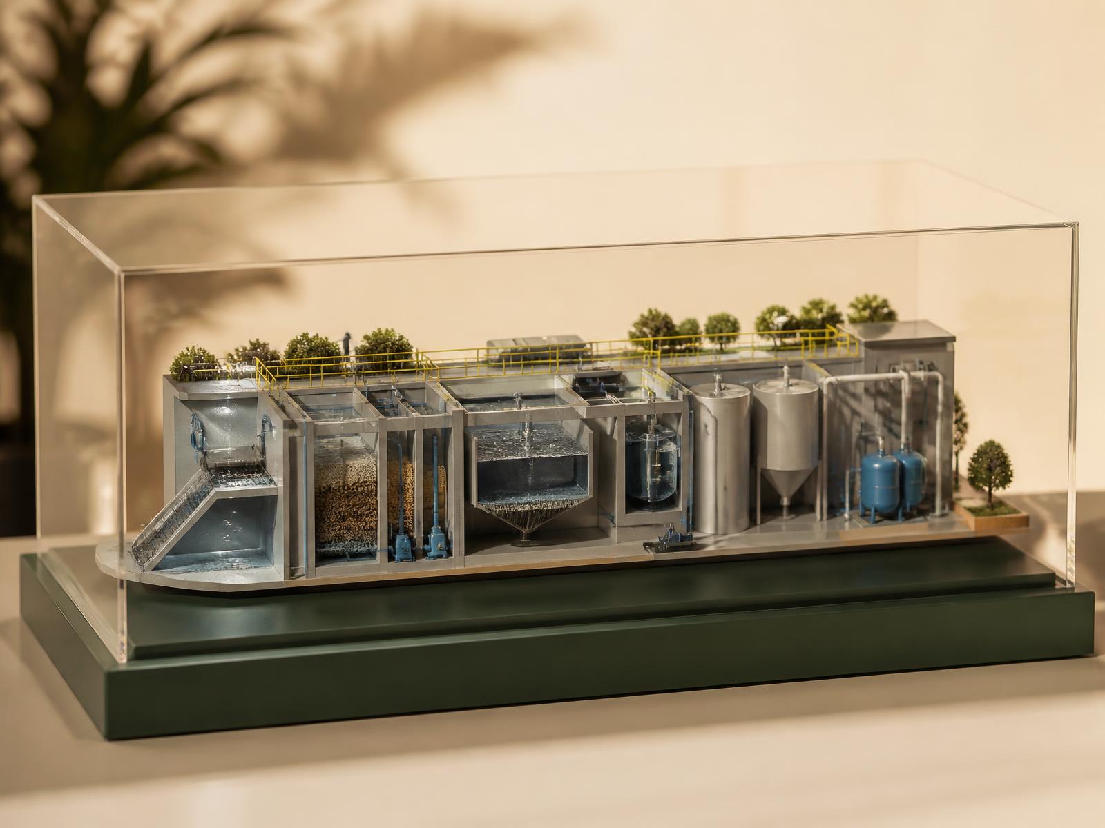 Precision scale model of a water treatment system with cross-section cutaway under a custom acrylic display cover