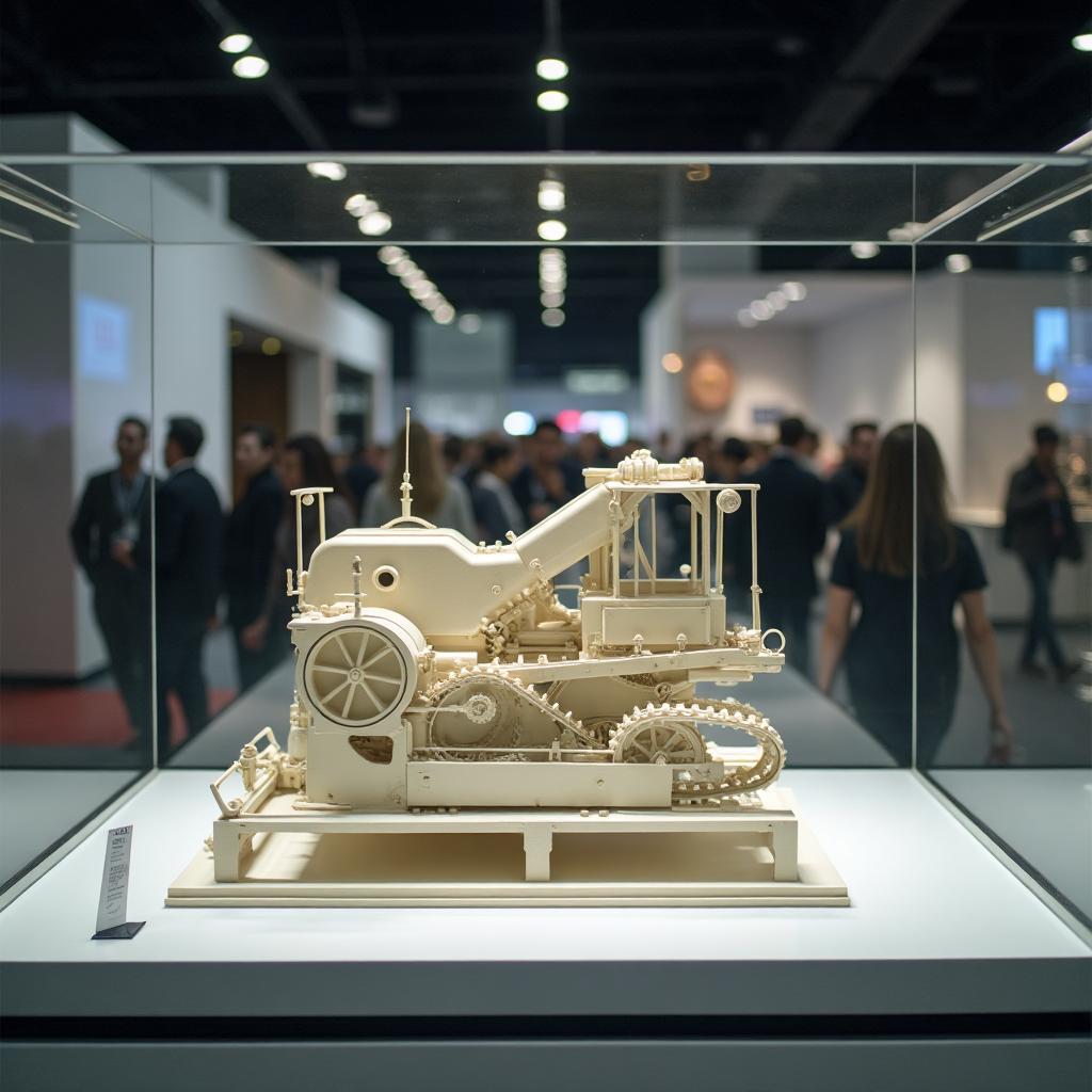 Museum-quality static scale model sitting untouched behind glass at a trade show